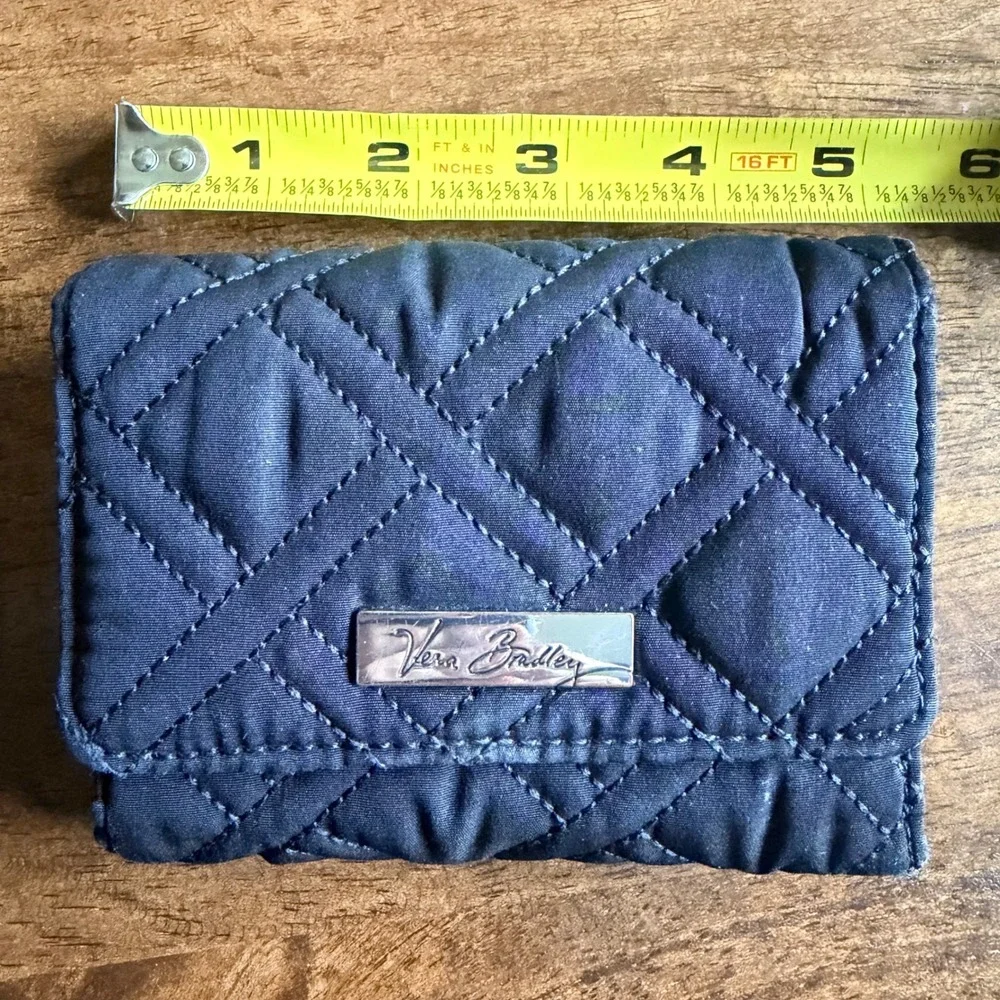 Vera Bradley Navy Blue Quilted Microfiber Trifold Wallet Snap Closure ID Window